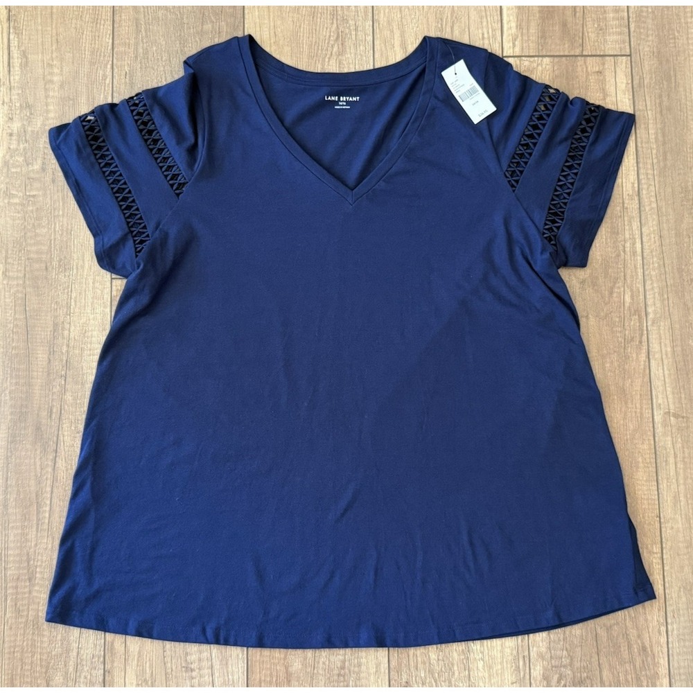 NWT Lane Bryant Navy Blue Split V-Neck Lattice Sleeve Top Women's 14/16 Plus